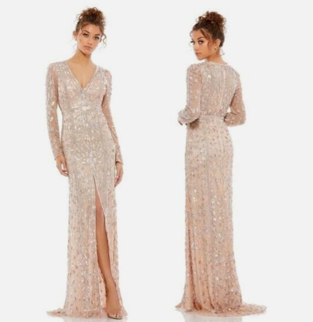NWT Mac Duggal Rose Gold Embellished Long Sleeve Dress Formal Gown Sequins 14